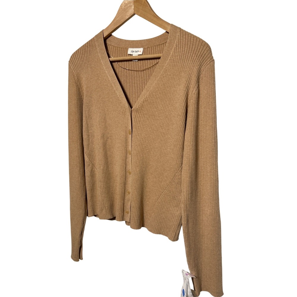 ON 34TH‎ Ribbed Knit Button Front Cardigan Camel Tan Long Sleeve Size Medium NWT
